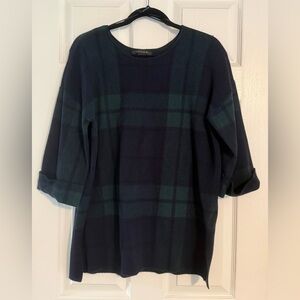 Tahari Navy and Green Plaid Crewneck Sweater
